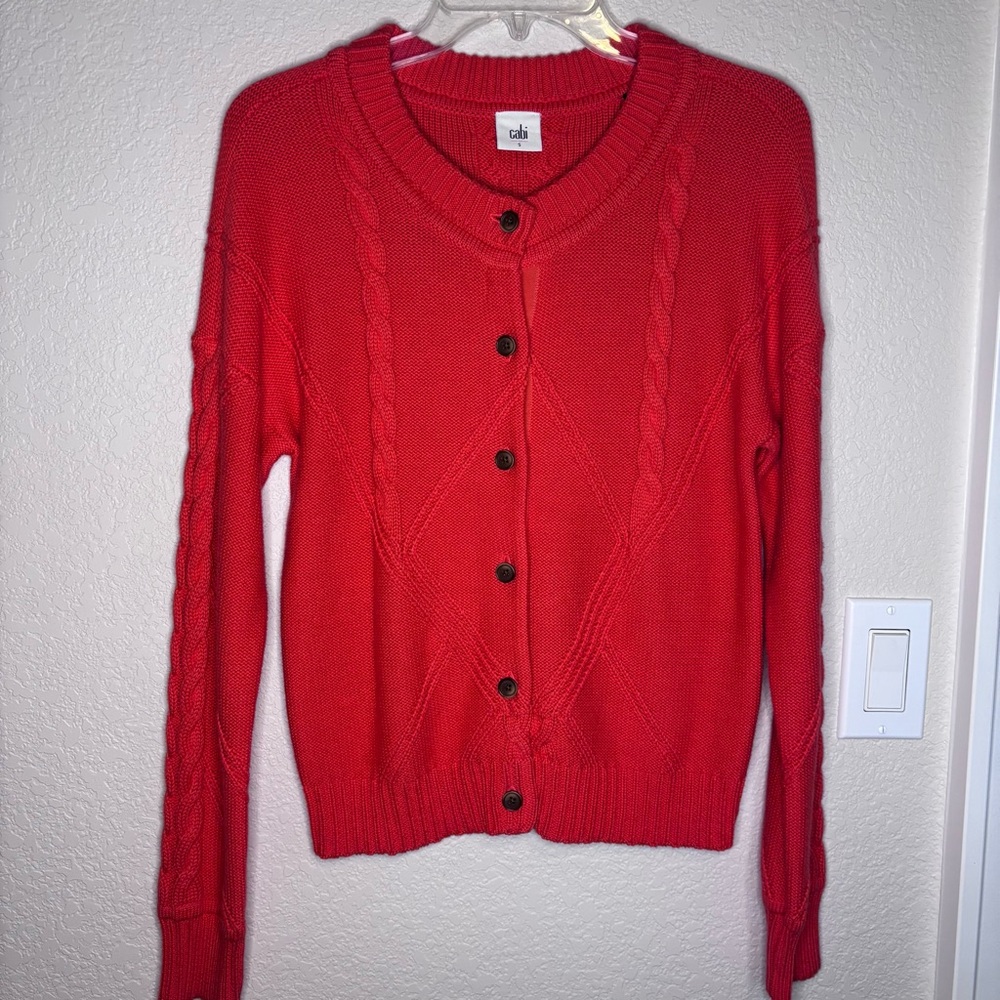 CAbi Vibrant Pumpkin Orange Button-Up Cable Knit‎ Cardigan